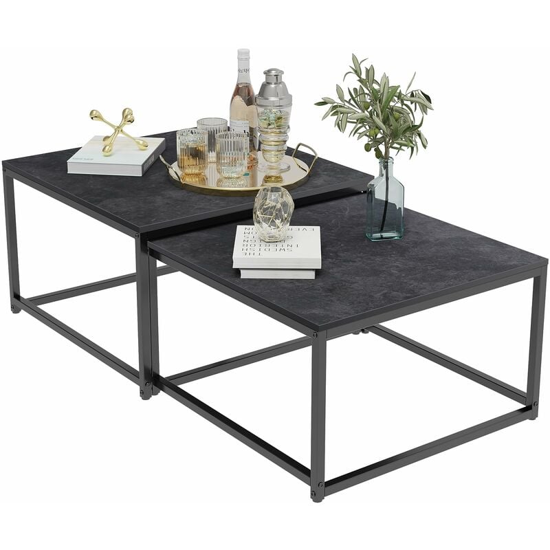 Unho - Table Basse Gigogne Salon Marbre: Tables Gigognes Carrées Industrielle Lot de 2 Bout de Canapé Design Grise Set Table Café Moderne avec Pieds