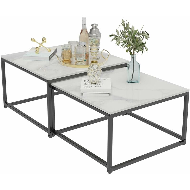 Unho - Table Basse Gigogne Salon Marbre: Tables Gigognes Carrées Industrielle Lot de 2 Bout de Canapé Design Grise Set Table Café Moderne avec Pieds