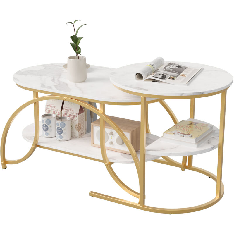 Table basse gigogne, structure en métal doré, marbre blanc, table basse ovale