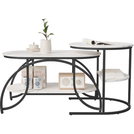Table basse gigogne, structure en métal noir, marbre blanc, table basse ovale