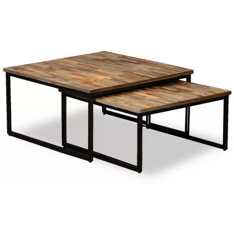 Table basse gigogne teck massif recyclé et métal noir Voust - Lot de 2
