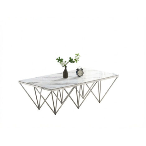 Table Basse GIZE Rectangle Plateau Verre Trempé Marbré Blanc Pieds Chrome 130x70x42cm