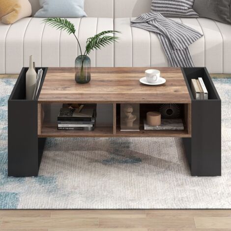 Table basse grain de bois, avec 1 tiroir sans poignée, 1 rangement et 1 rangement arrière, rangements réversibles, rangements des 2 côtés - Anthracite