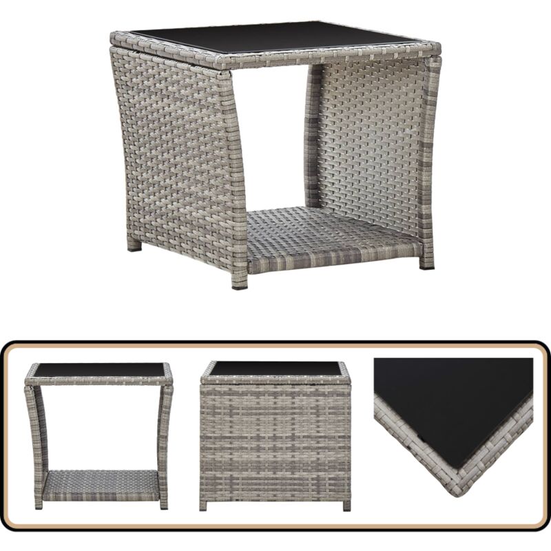 Table basse Gris 45x45x40 cm Résine tressée et verre - Table Basse Jardin - Table D'extérieur - Mobilier De Jardin - Table En Résine Tressée - Table