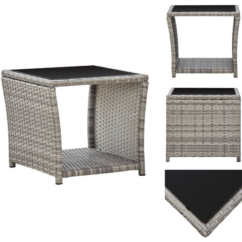 Table basse Gris 45x45x40 cm Résine tressée et verre - Table Basse Jardin - Table D'extérieur - Mobilier De Jardin - Table En Résine Tressée - Table