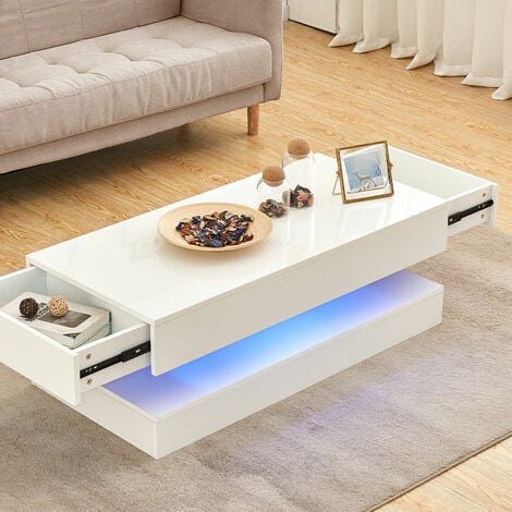 AINPECCA Table basse haute brillance avec 2 tiroirs table de canapé rectangulaire avec lumière LED RGB salon