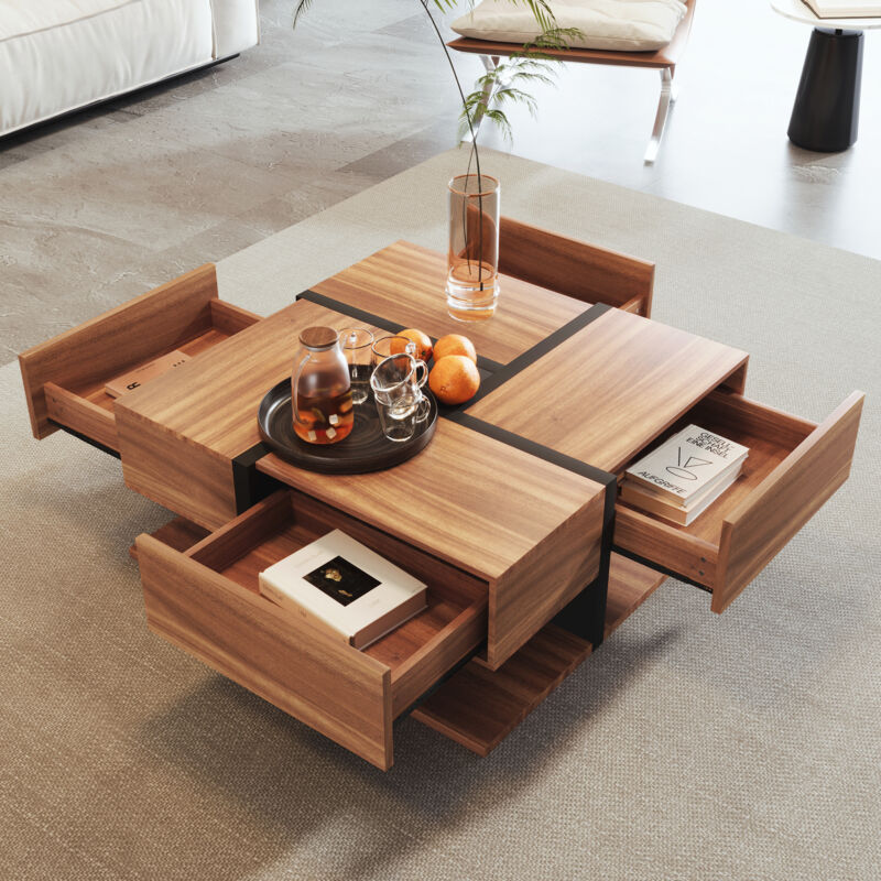 Wishdor - Table basse d'interieur 78 x 78 x 36 cm avec 4 tiroirs - espace de rangement en bas - naturel