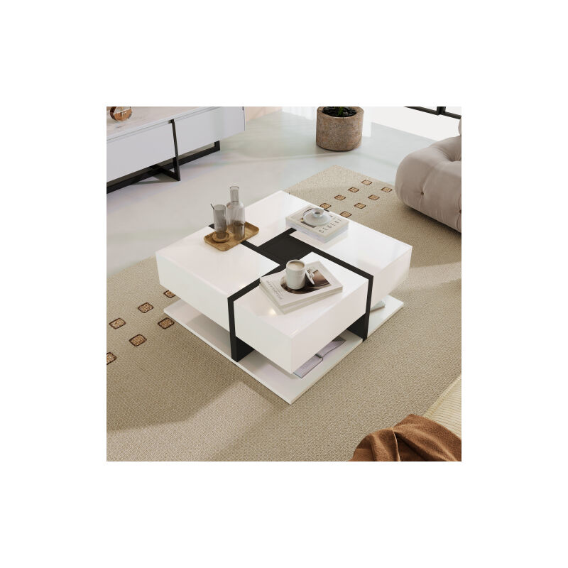 Table basse haute brillance, table avec 4 tiroirs, coloris uniques et design de lignes avec rangement en dessous. 78 78 36cm
