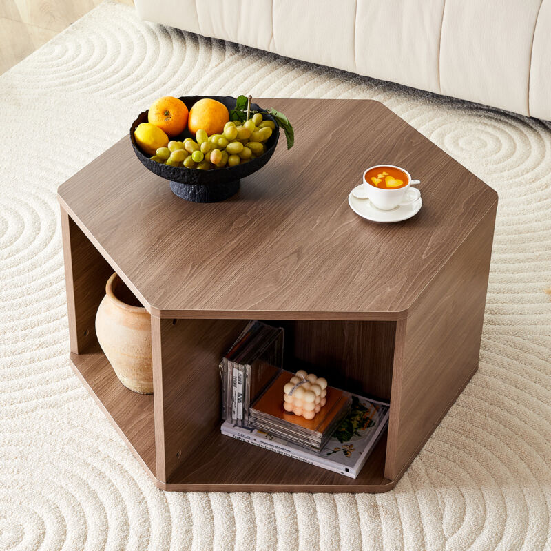 Table basse hexagonale 79 x 69,4 x 40 cm pour salon, multifonctionnelle, MDF effet noyer, marron