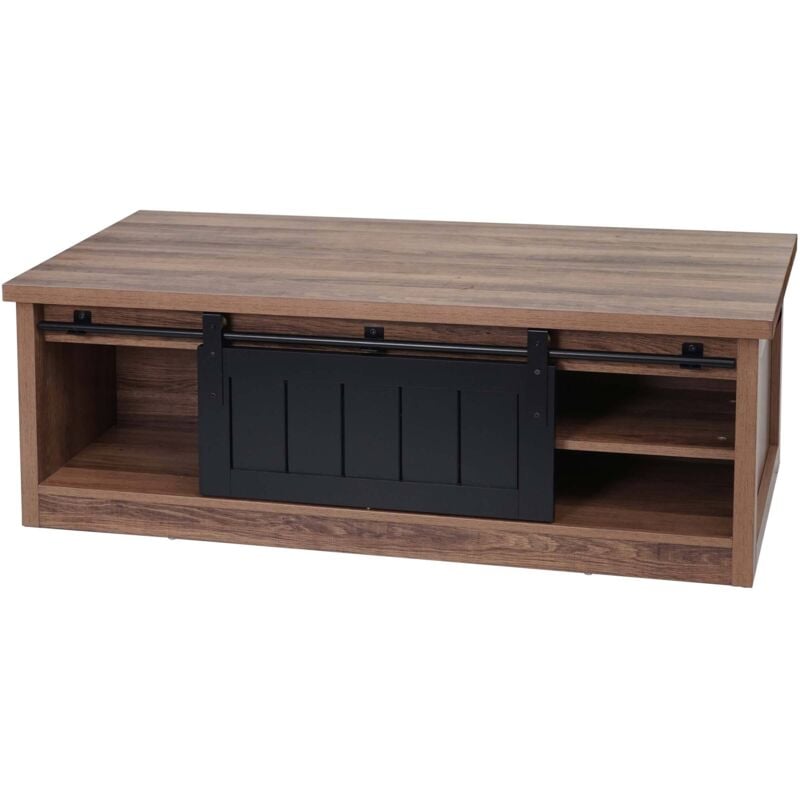 HHG - Table basse 633, table d'appoint table de salon, porte coulissante 6 compartiments de rangement, aspect bois métal 44x120x60cm, brun