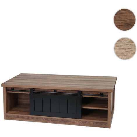 Table basse HWC-K75 - table d'appoint table de salon - porte coulissante 6 compartiments de rangement - aspect bois métal 44x120