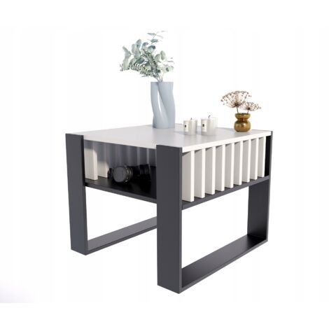 Table Basse IGA Blanc / Noir - Table de Salon Carrée avec étagère - 60 x 63.6 x 50 cm