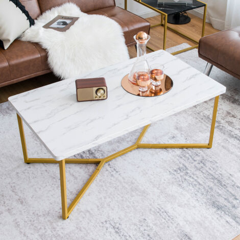 Table Basse Imprimée Marbre 107 x 60 x 45,5 CM (L x l x H) Moderne Piètement Métal Doré avec Patins Ajustables pour Salon DESIGN IN