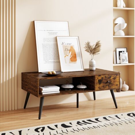 Table Basse Industrielle 109 x 55 x 44,5 CM avec 1 Tiroir et Etagère de Stockage Cadre en Métal