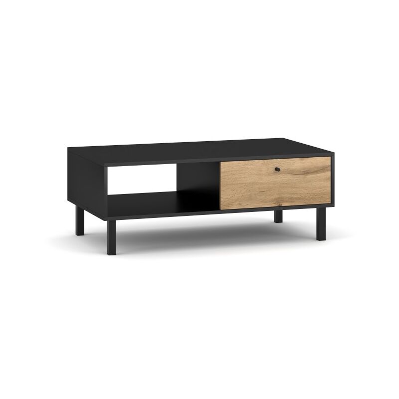 Table basse industrielle SPEBO 1 tiroir et 1 niche, coloris noir mat et chêne wotan - Noir