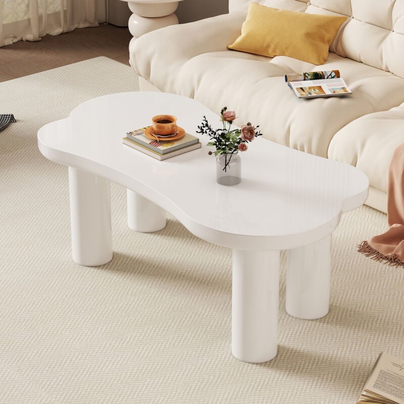 Table basse irrégulière, 113x58x40,5 cm, plateau en MDF, pieds en PVC, blanc