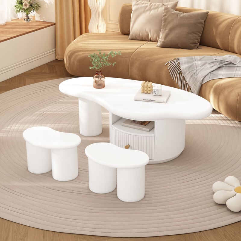 Okwish - Table basse irrégulière en forme de nuage avec 2 tabourets, longueur 110 cm, largeur 60 cm, hauteur 37,5 cm, mdf avec 2 tiroirs et patins en