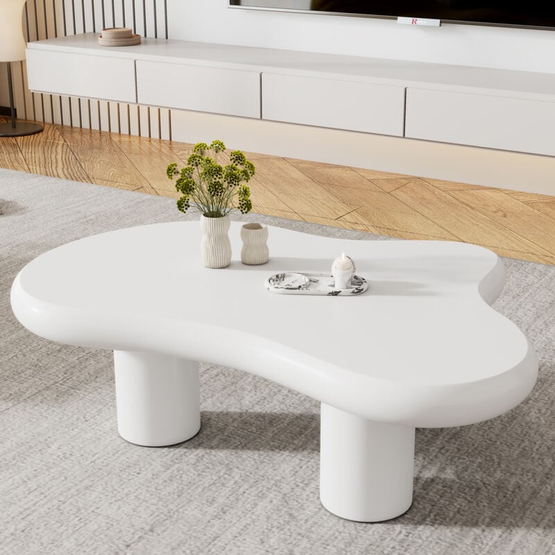 Okwish - Table basse irrégulière en forme de nuage, surface laquée, en mdf avec patins en feutre, 97x67x32 cm, blanc