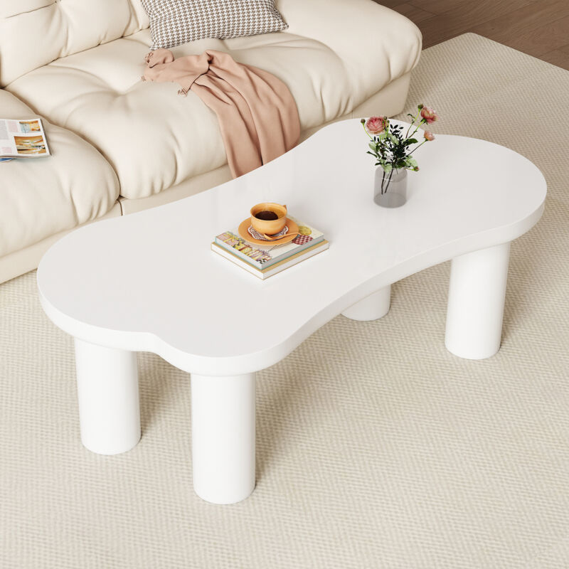 Okwish - Table basse irrégulière blanche en forme d'os, table de salon avec base en feutre,113x58x40.5 cm