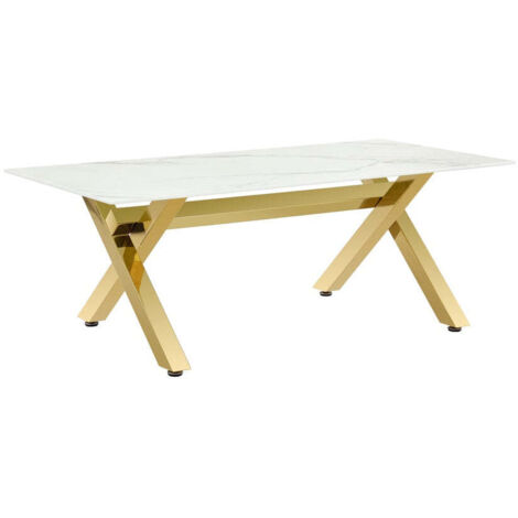 Table Basse IXE Métal Gold Plateau Verre Trempé Marbré Blanc 120x60x45cm