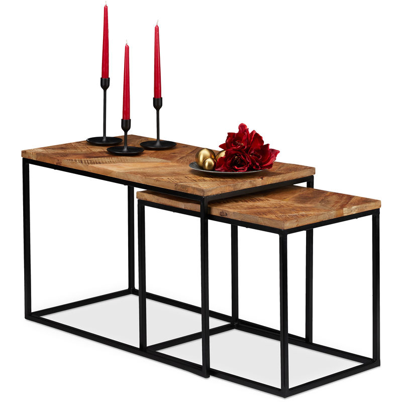 Relaxdays - Table basse jeu de 2, en bois de manguier, plate, rectangle, structure métallique 50x77 x 43,5 cm, naturel/noir