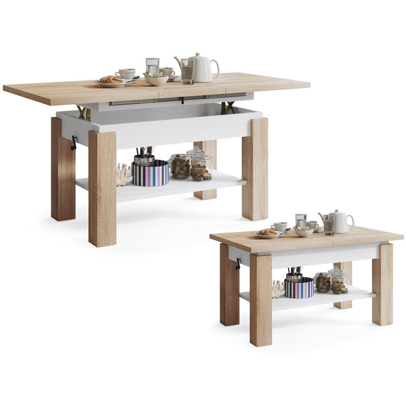 Dusine - table basse jimmy bois / blanc relevable + extensible jusqu' 150 cm