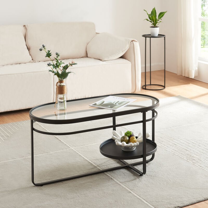 [en.casa] - Table basse Kumla avec plateau ovale et étagère métal verre trempé 90 x 43 x 46 cm noir
