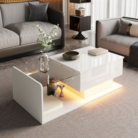 Table basse laqué avec plateau verre et éclairage LED intégré, design moderne effet glacé, piètement bois, blanc