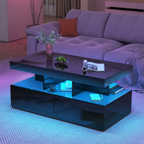 Table Basse Laquée 104 x 53 x 46 cm avec LED RGB, Table Basse Salon avec 2 Tiroirs et Compartiment de Rangement, pour Salon, Bureau et Salle,Noir
