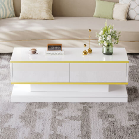 Table basse laquée brillante 100 x 50 x 38 cm, table d'appoint avec 2 grands tiroirs, table de salon originale, blanc chaud avec bordure dorée, table basse avec plateau étroit et large plateau et base