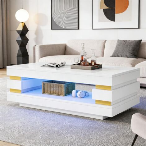 Table basse LED 100x50x35cm compartiment rangement central table à thé aggloméré blanc