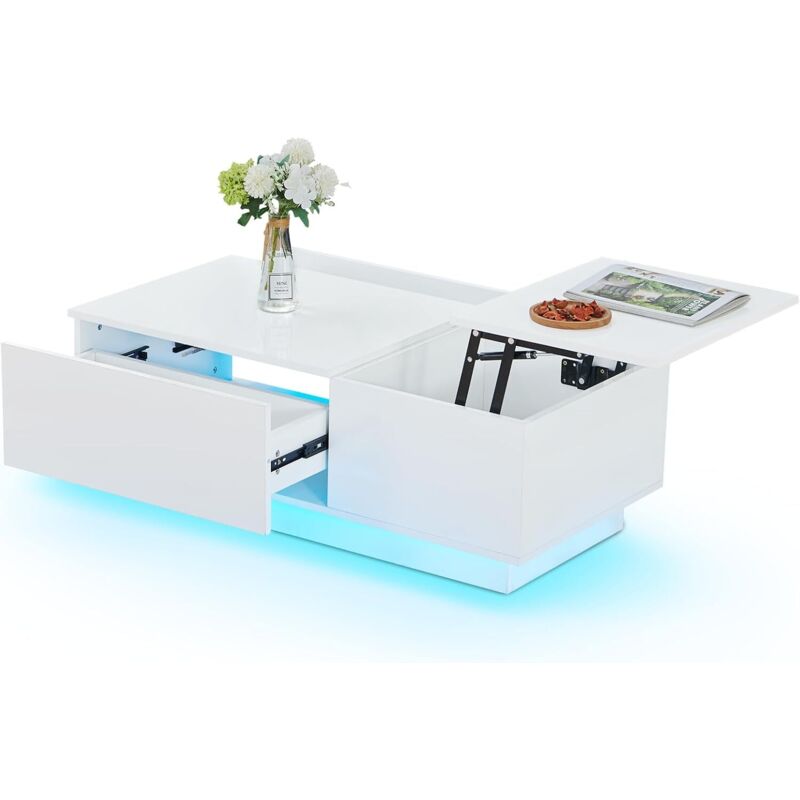 Jymtom - rgb led White Gloss Modern Table basse - Élégant et pratique, casier dissimulé avec couverture pliante pour le salon