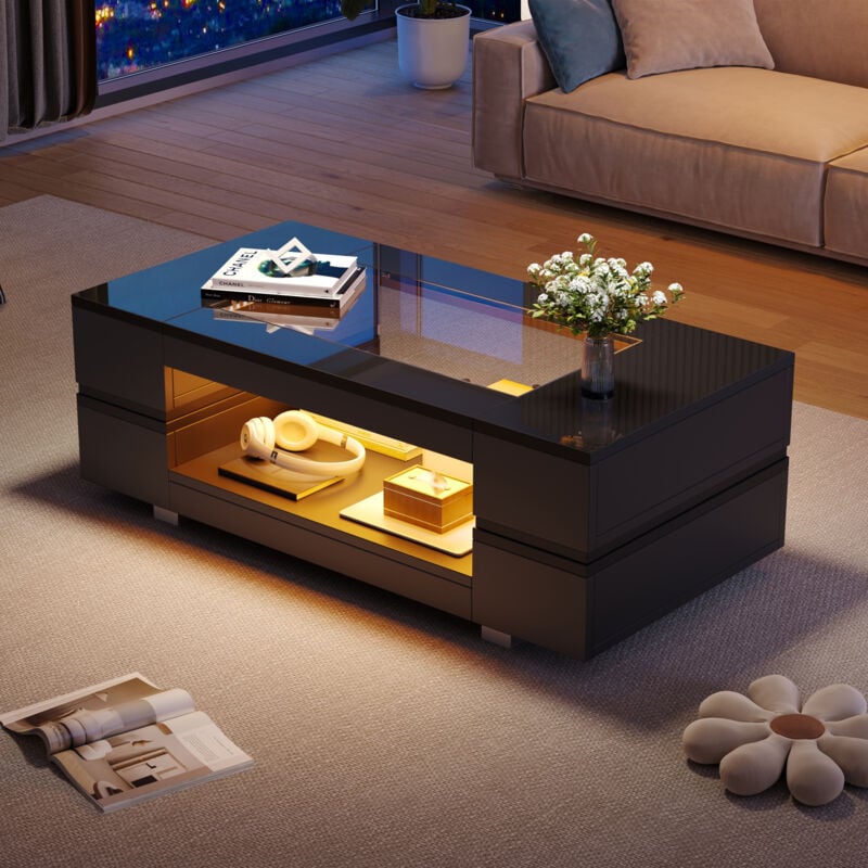 Table basse led Bluetooth, table d'appoint de salon en panneaux de particules et verre trempé, design creux polyvalent, noir