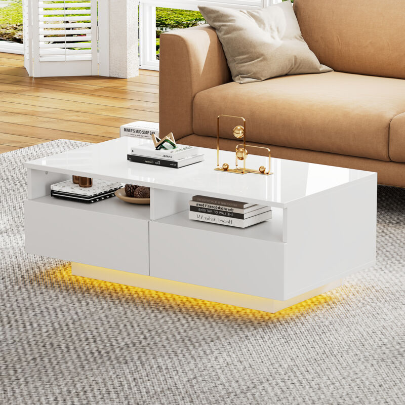 Okwish - Table basse carrée blanche brillante, table de salon avec 2 tiroirs et lumières led, pour salon, chambre, 95x50x35 cm