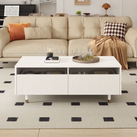 Table basse LED design moderne - 2 tiroirs pratiques - Plateau ondulé unique - Pieds dorés et blancs - Éclairage RGB personnalisable