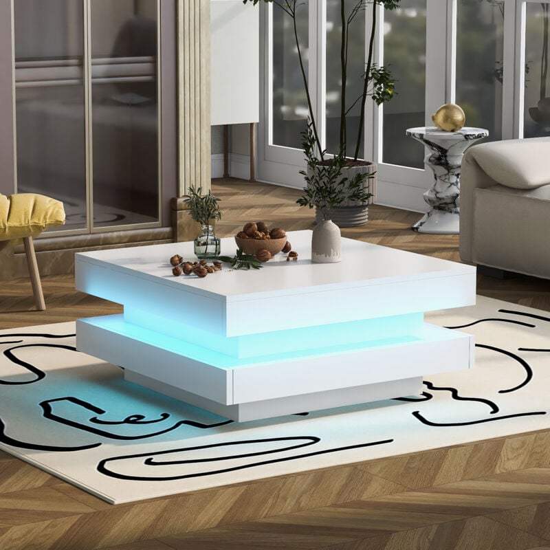 Modernluxe - Table basse contemporaine avec led en 16 couleurs - forme carrée - Blanc