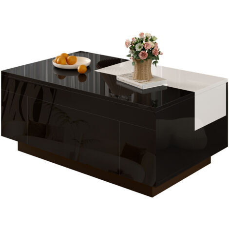 Table basse LED extensible noir blanc, rangement caché et bande lumineuse réglable