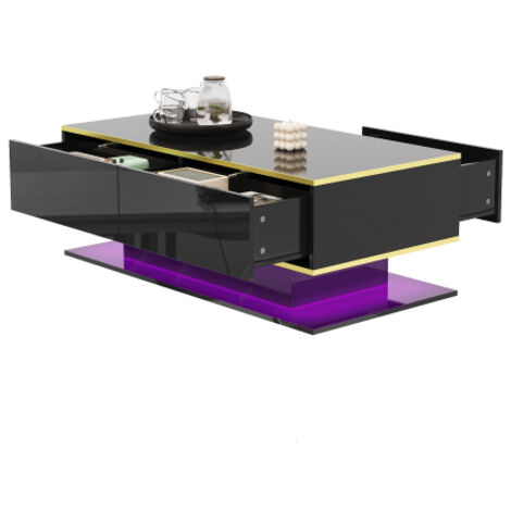 Table basse LED moderne avec finition haute brillance, accents dorés, 3 tiroirs et bande lumineuse LED USB (adaptateur ou batterie externe requis)