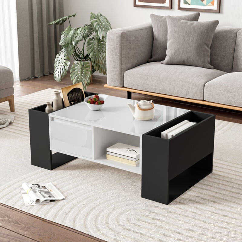Modernluxe - Table basse avec un tiroir - style moderne - Blanc & Noir