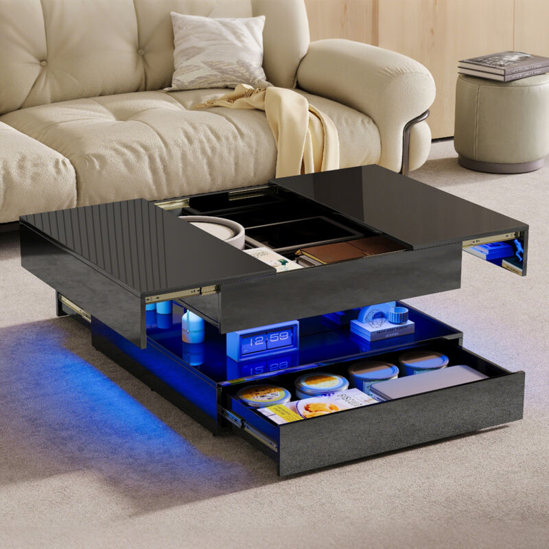 Table Basse LED - Moderne Table basse avec 2 Tiroirs - casier dissimulé avec couverture pliante pour le salon - 78x78x43 cm - Noir