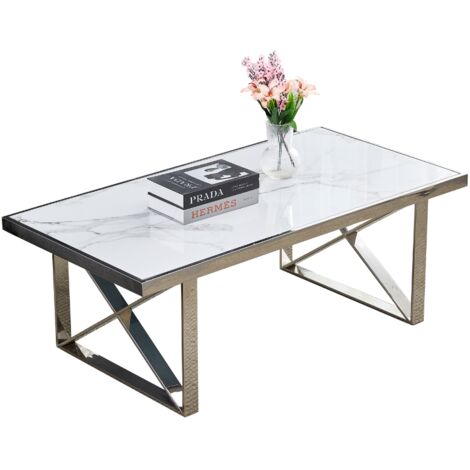 Table Basse LEVANTO – Chrome & Marbre Blanc – 120x60x45 cm