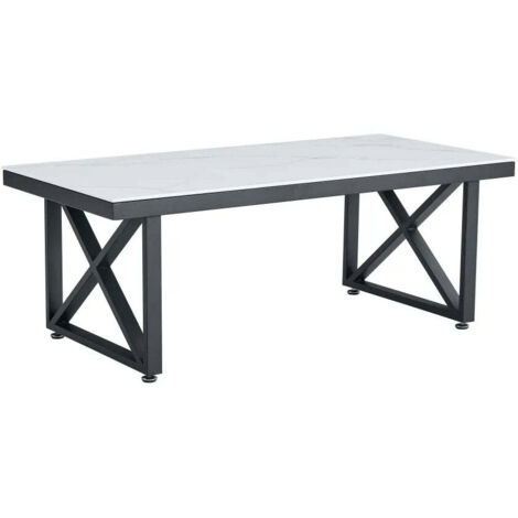 Table Basse LEVANTO Plateau Verre Trempé Marbré Blanc Structure Métal Noir 120x60x45cm