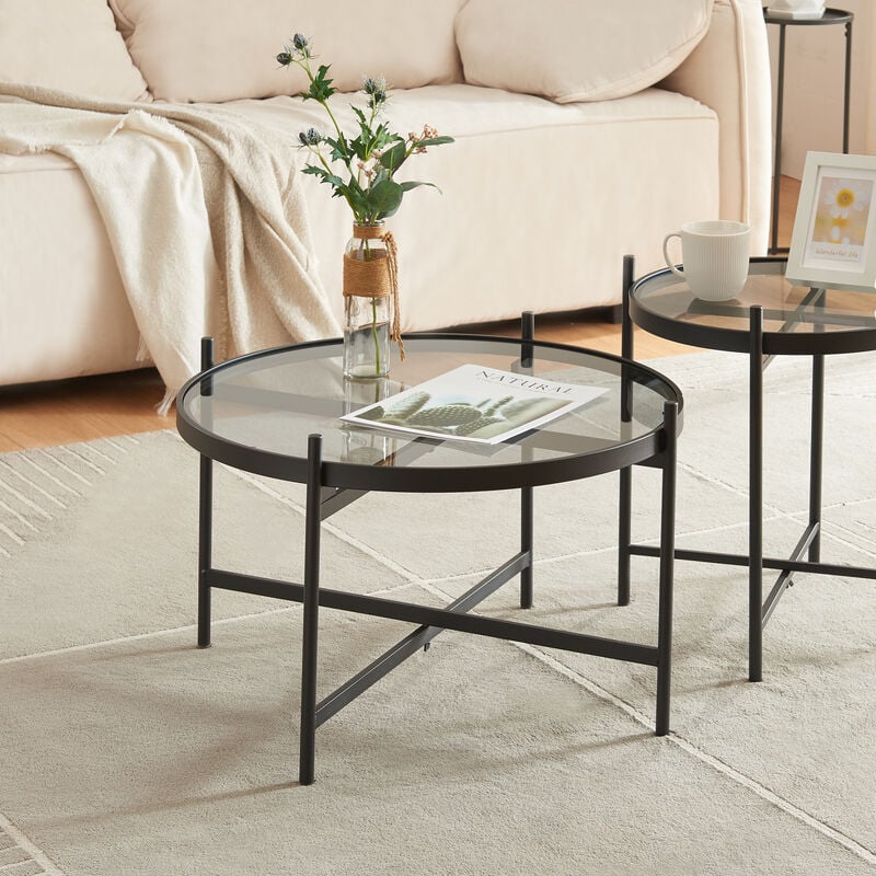 [en.casa] - Table basse Lier avec plateau rond en verre trempé de 5 mm métal 61 x 40 cm noir