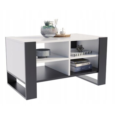 Table basse loft en chêne Figa BLANC NOIR pour le salon avec une étagère LOFT