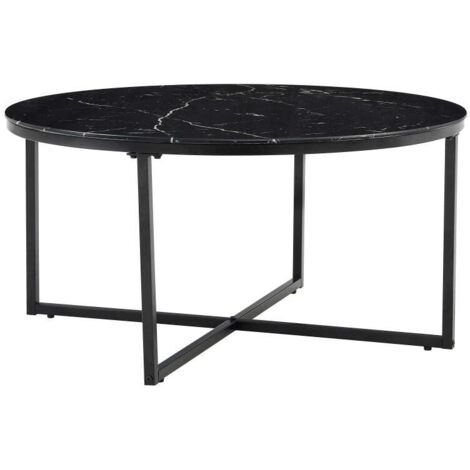 Table Basse LORIE Ronde Plateau Verre Trempé Marbré Noir Structure Métal Noir D90x45cm