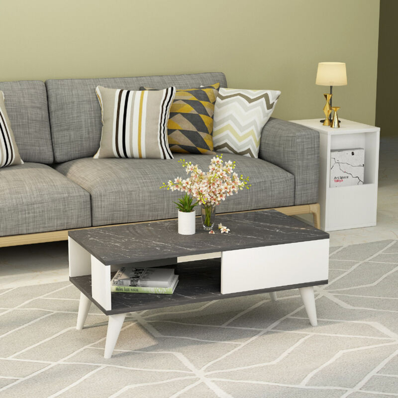 Table basse Ludvika avec espace de rangement 40 x 90 x 45 cm effet marbre noir / blanc [en.casa]