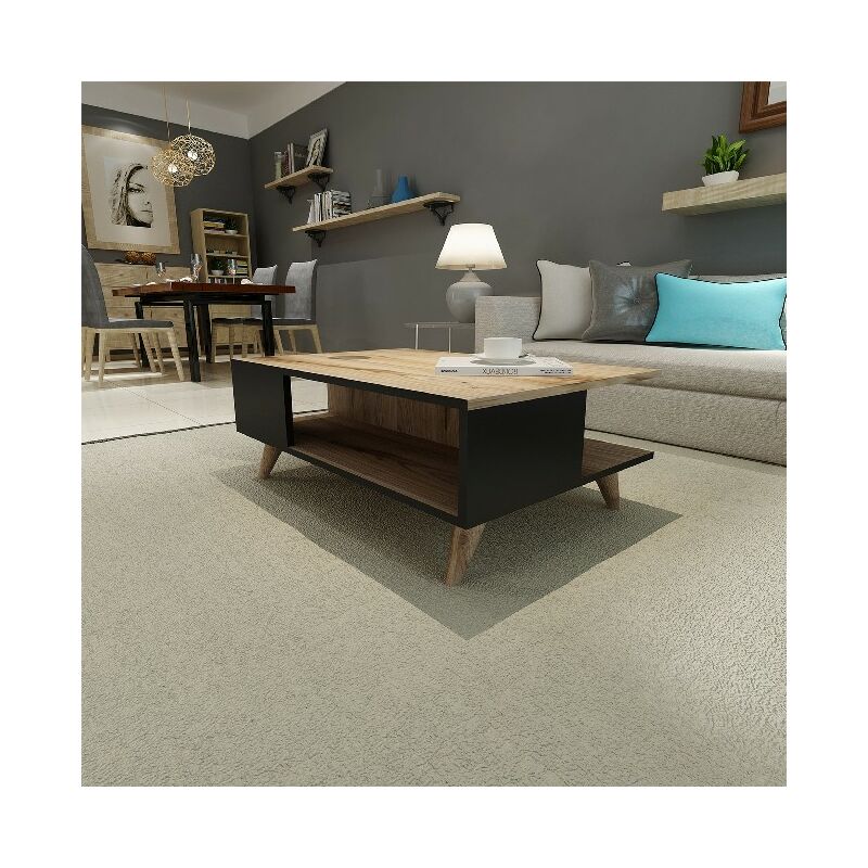Table Basse Lyon Porte-Revues, Livres - avec etageres - pour Salon - Noyer, Noir en Bois, 90 x 60 x 38,6 cm