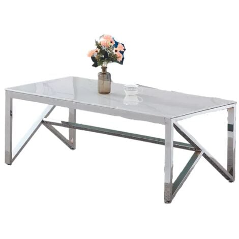 Table Basse MAJESTIQUE Chrome verre effet Marbre Blanc 120x60x45 cm