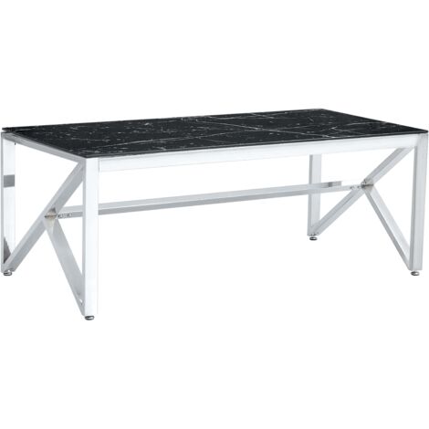 Table Basse MAJESTIQUE Rectangle Plateau Verre Trempé Marbré Noir Pieds Chrome 120x60x45cm