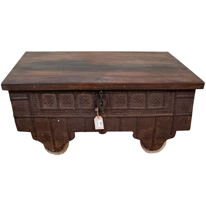 Table basse malle, coffre en bois et métal coloris marron - Longueur 106 x Profondeur 59 x Hauteur 49 cm Pegane